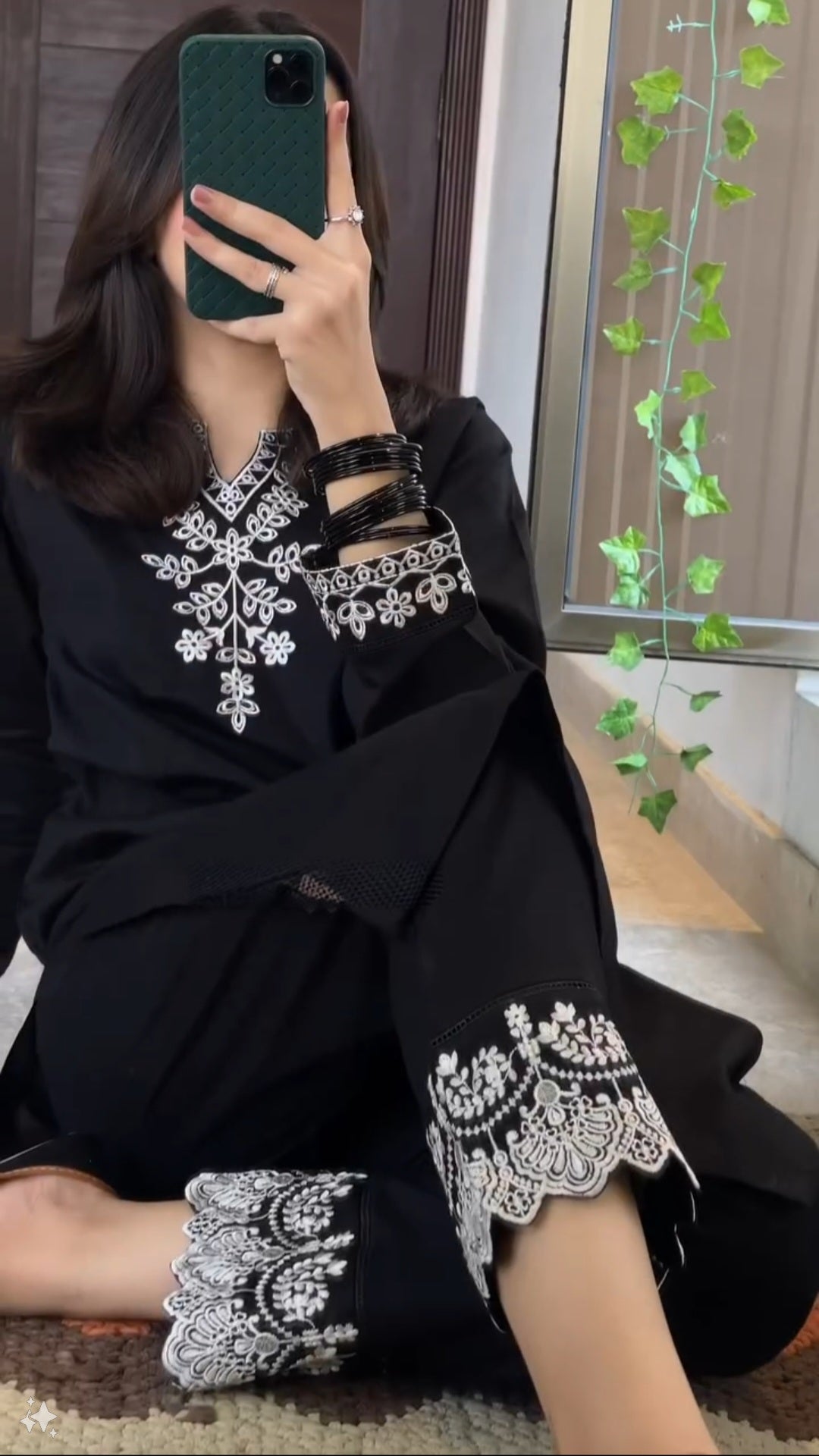 A BEAUTIFUL WHITE EMBROIDERY WORK BLACK KURTI WITH PANT