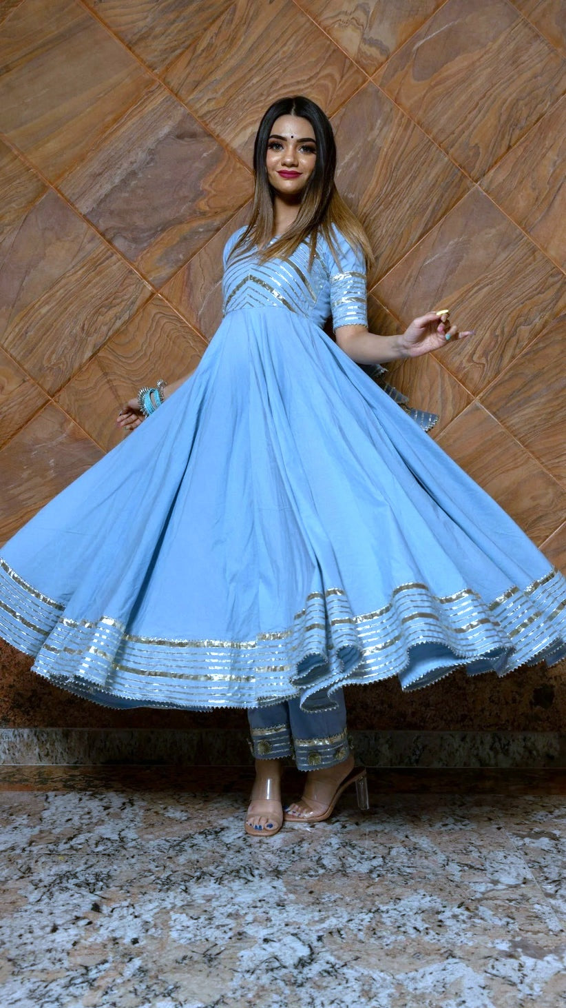 POWDER BLUE PURE COTTON ANARKALI SET