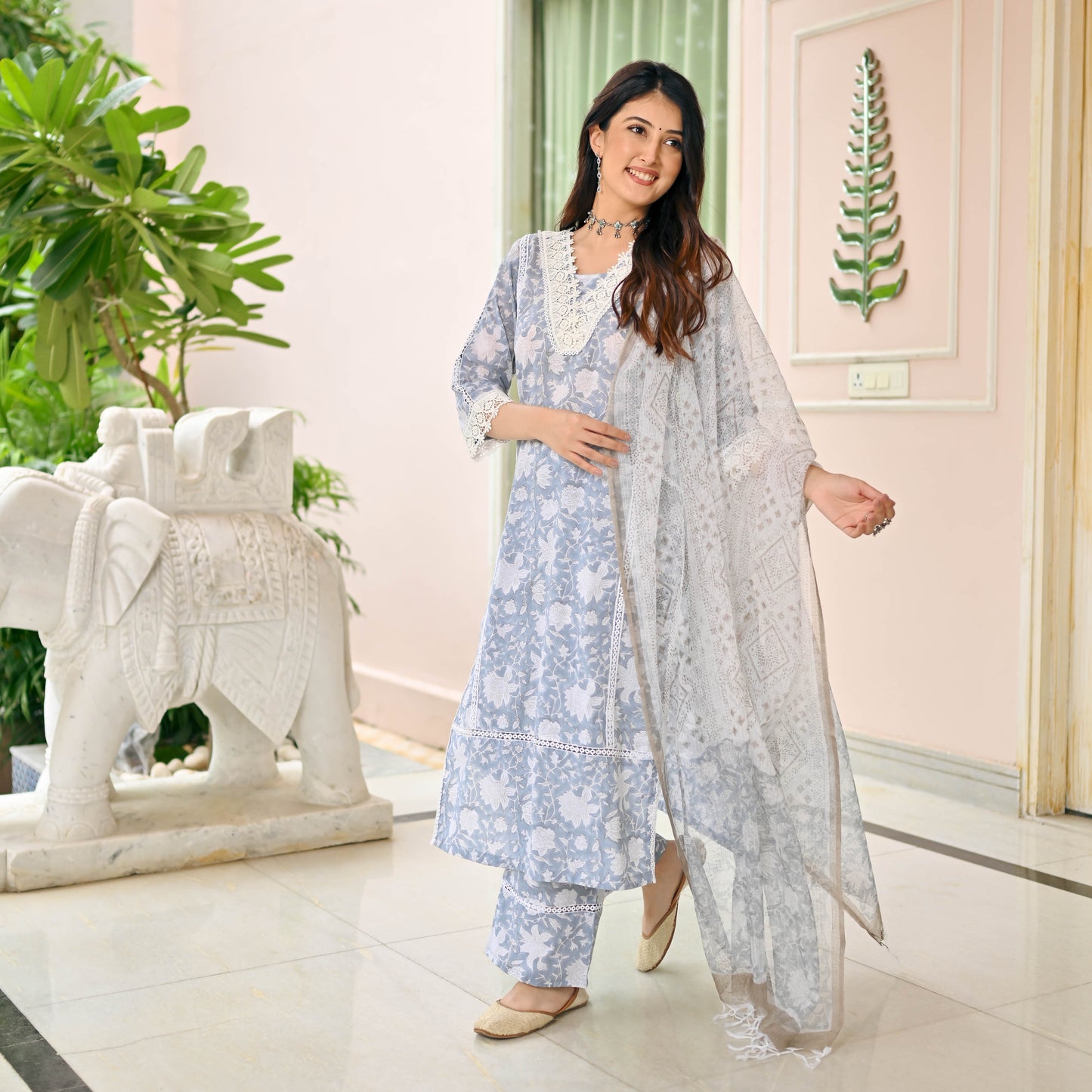 Grey White Handblock Printed Suit Set