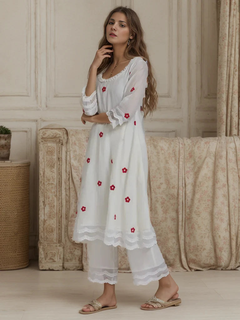 Embroidered Cotton Kurta with Pants Set