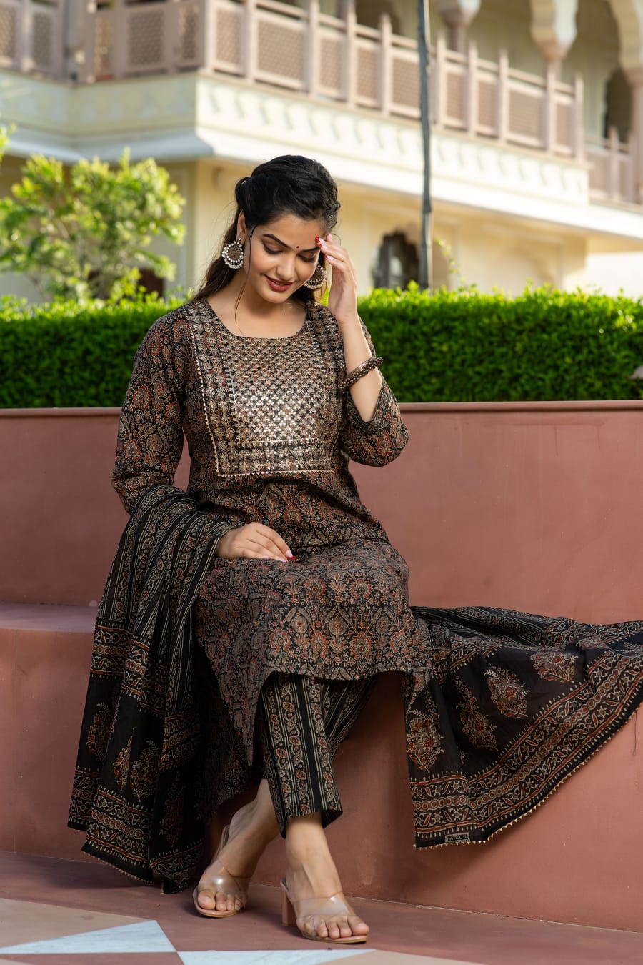 AJRAKH PRINT KURTI WITH PANT AND DUPATTA