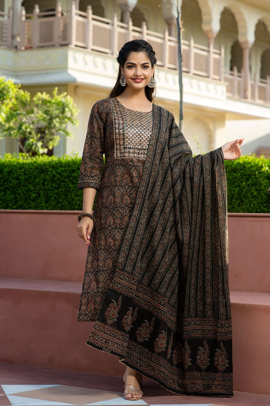 AJRAKH PRINT KURTI WITH PANT AND DUPATTA