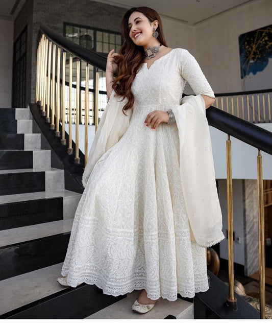 Beautiful Heavy Chickenkari Gown With Dupatta