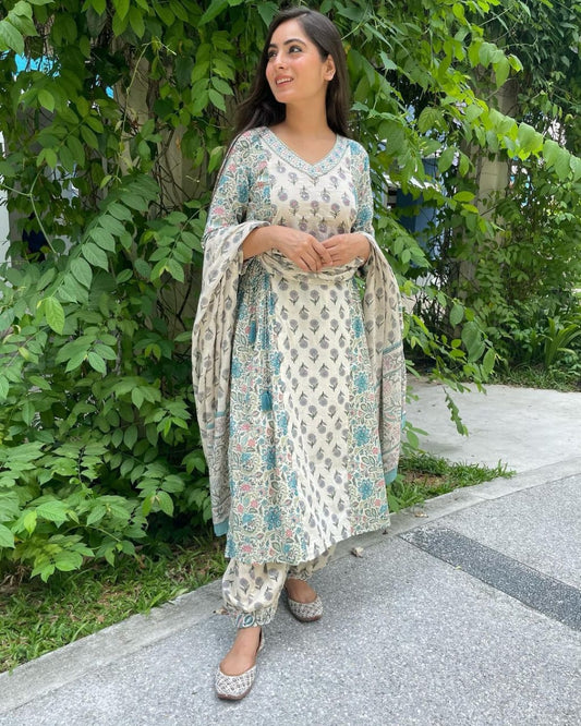 Floral Afghani Suit With Afghani Pant And Dupatta