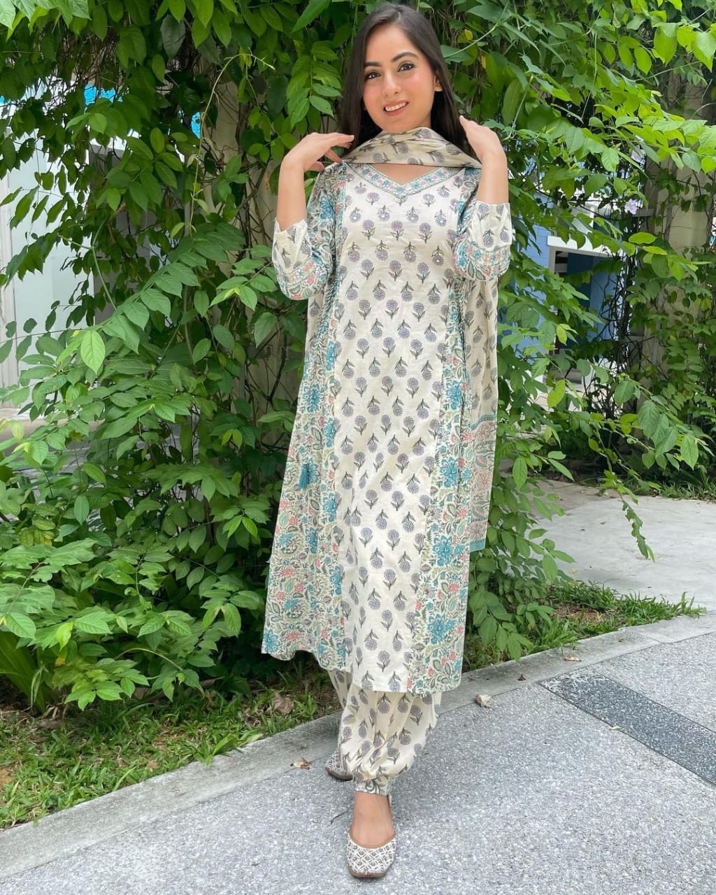 Floral Afghani Suit With Afghani Pant And Dupatta