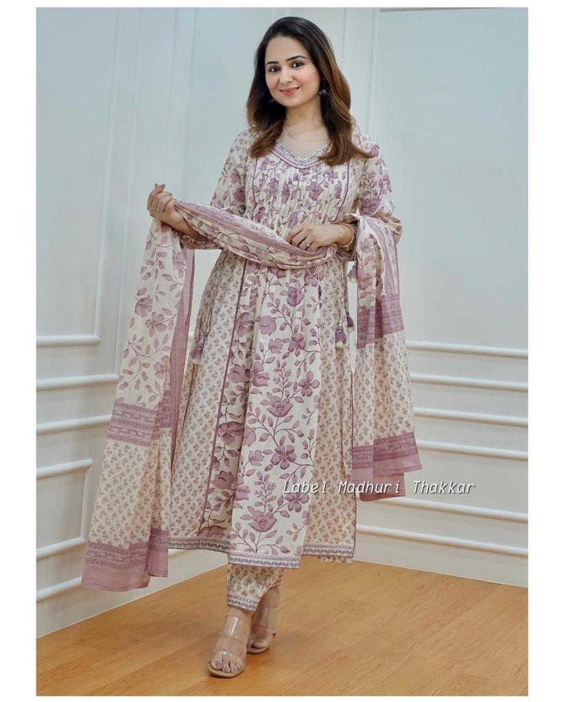 Lilac Lvory Floral Afghani Suit Afghani Pant And Dupatta