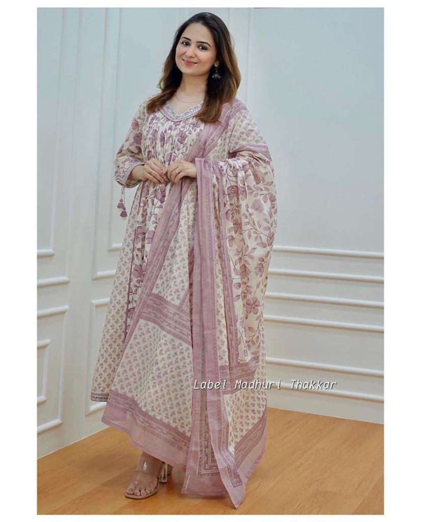 Lilac Lvory Floral Afghani Suit Afghani Pant And Dupatta