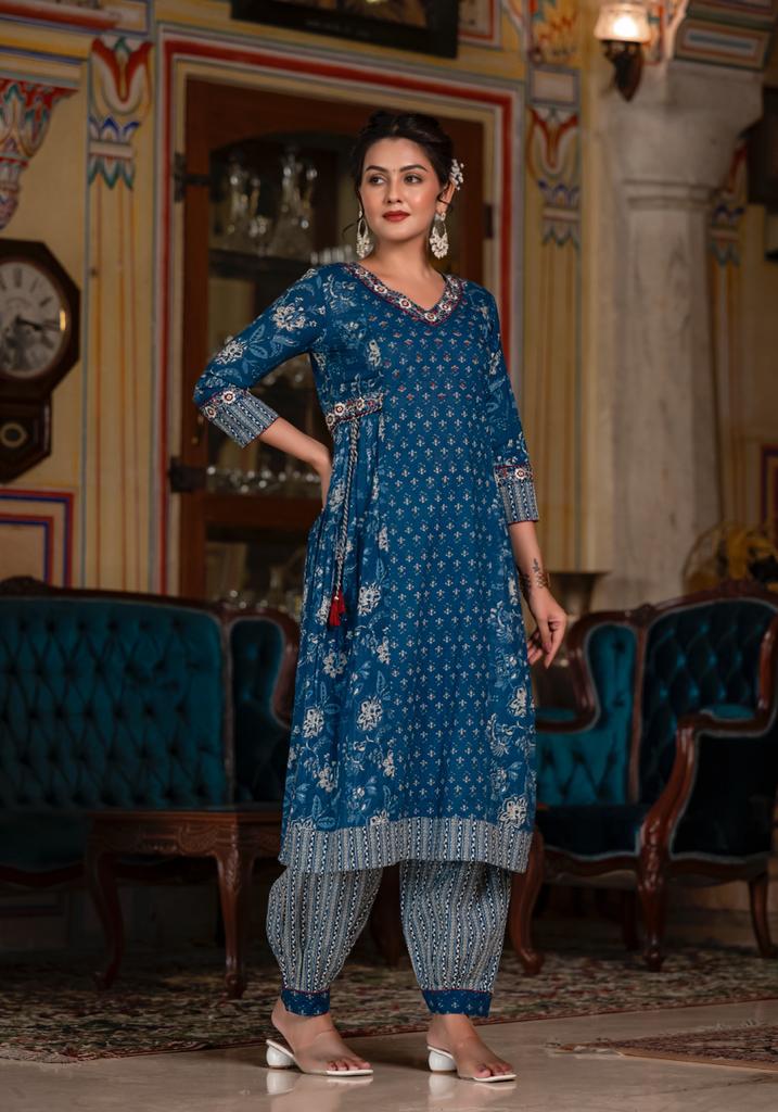 Navye Blue Floral Afghani Suit Set