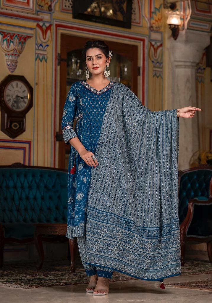 Navye Blue Floral Afghani Suit Set