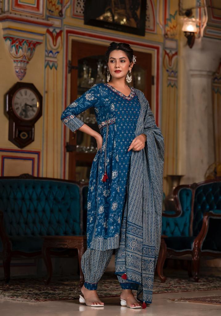 Navye Blue Floral Afghani Suit Set