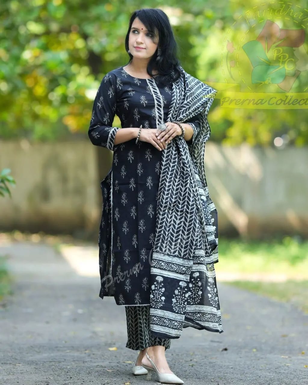 Black Florial Cotton Kurti With Pent And Dupatta