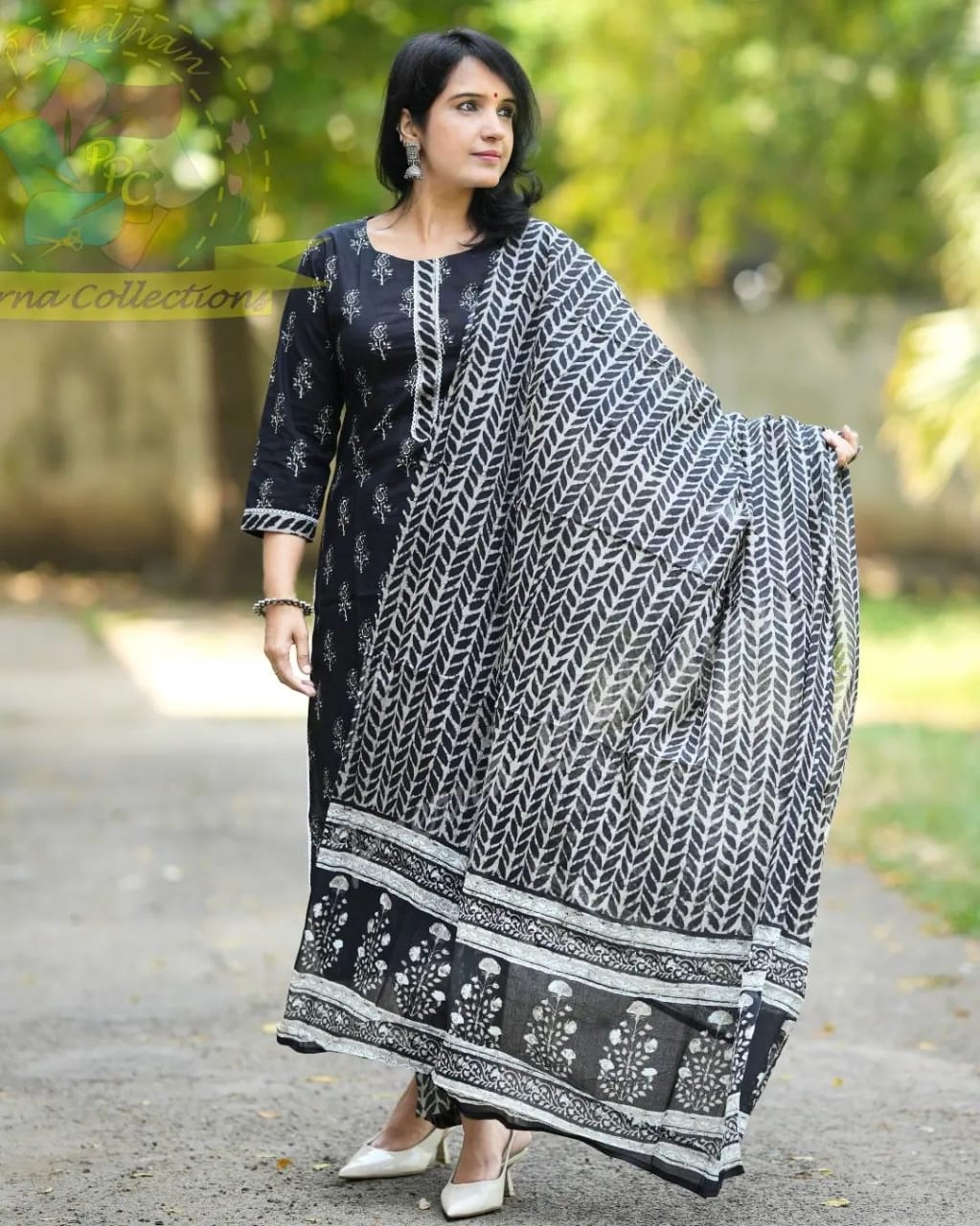 Black Florial Cotton Kurti With Pent And Dupatta