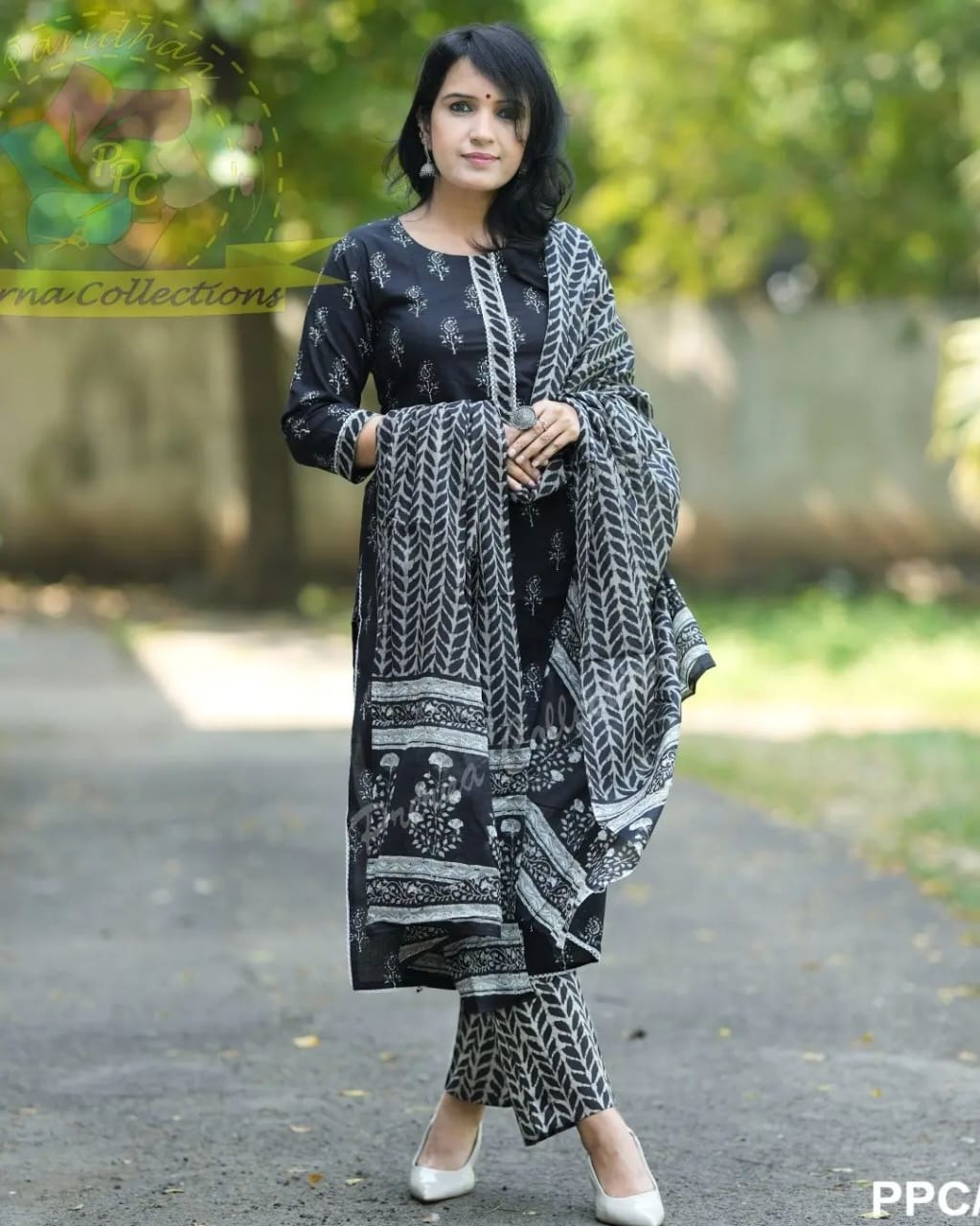 Black Florial Cotton Kurti With Pent And Dupatta