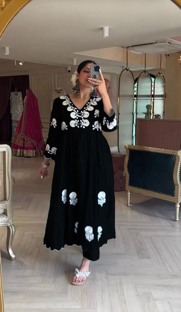 New Designer Reyon Party Wear Look Black Gown and Bottom With Heavy Embroidery Work