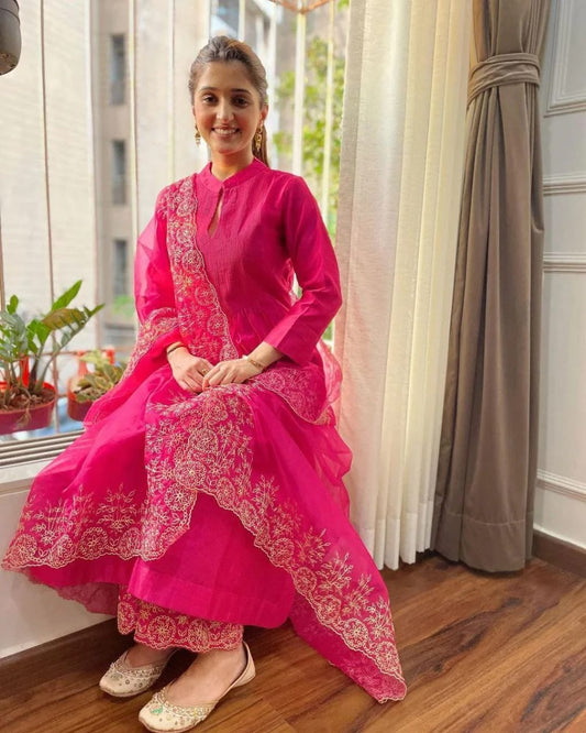 Pure Chanderi Silk Pink Kurti With Pent And Embroidery Work Orgenza Duppata