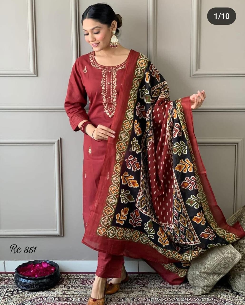 Maroon Cotton Kurti With Pant And Mulmul Dupatta