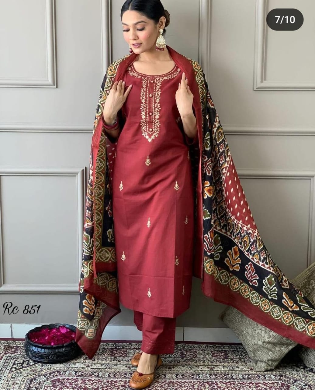 Maroon Cotton Kurti With Pant And Mulmul Dupatta