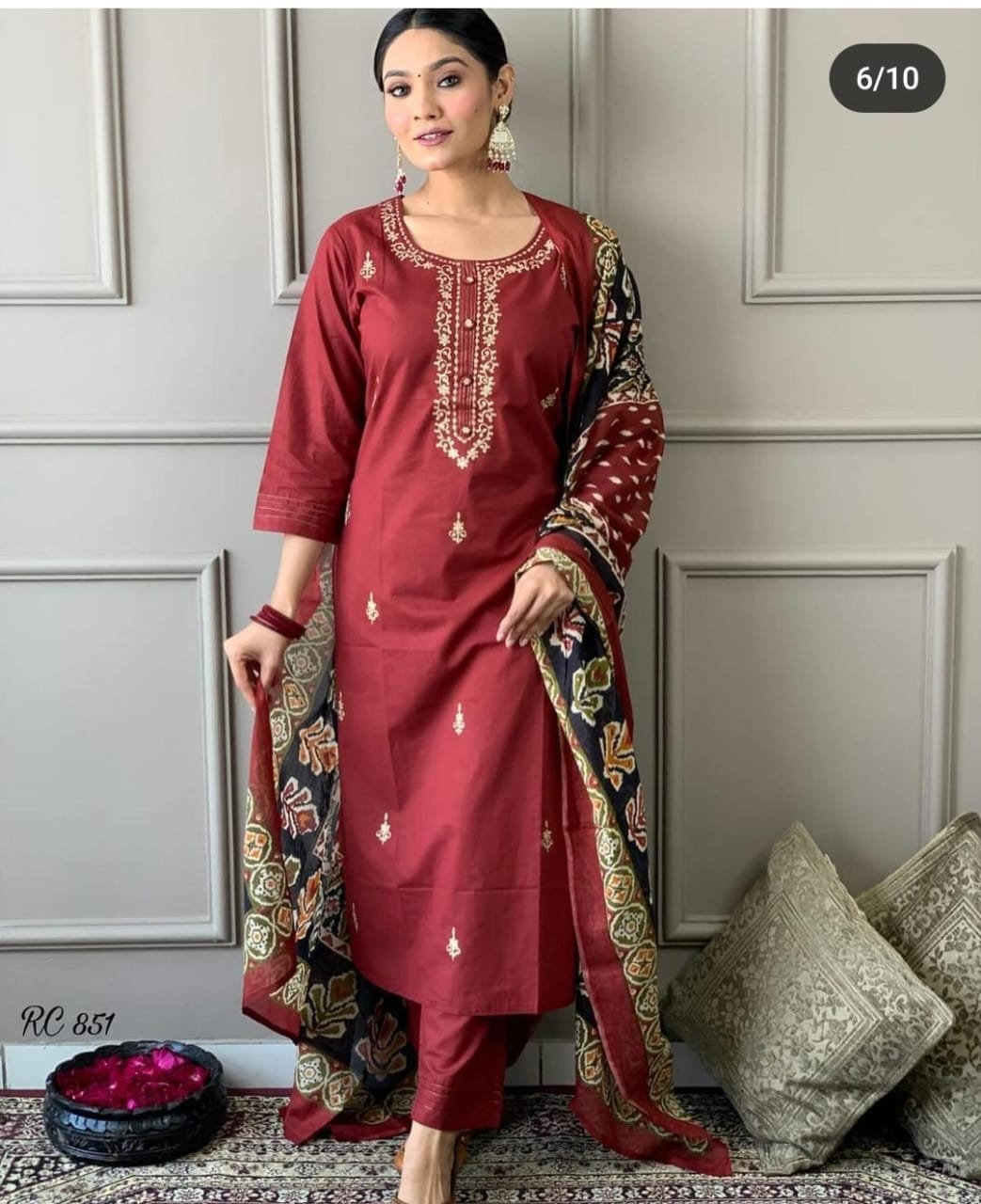 Maroon Cotton Kurti With Pant And Mulmul Dupatta