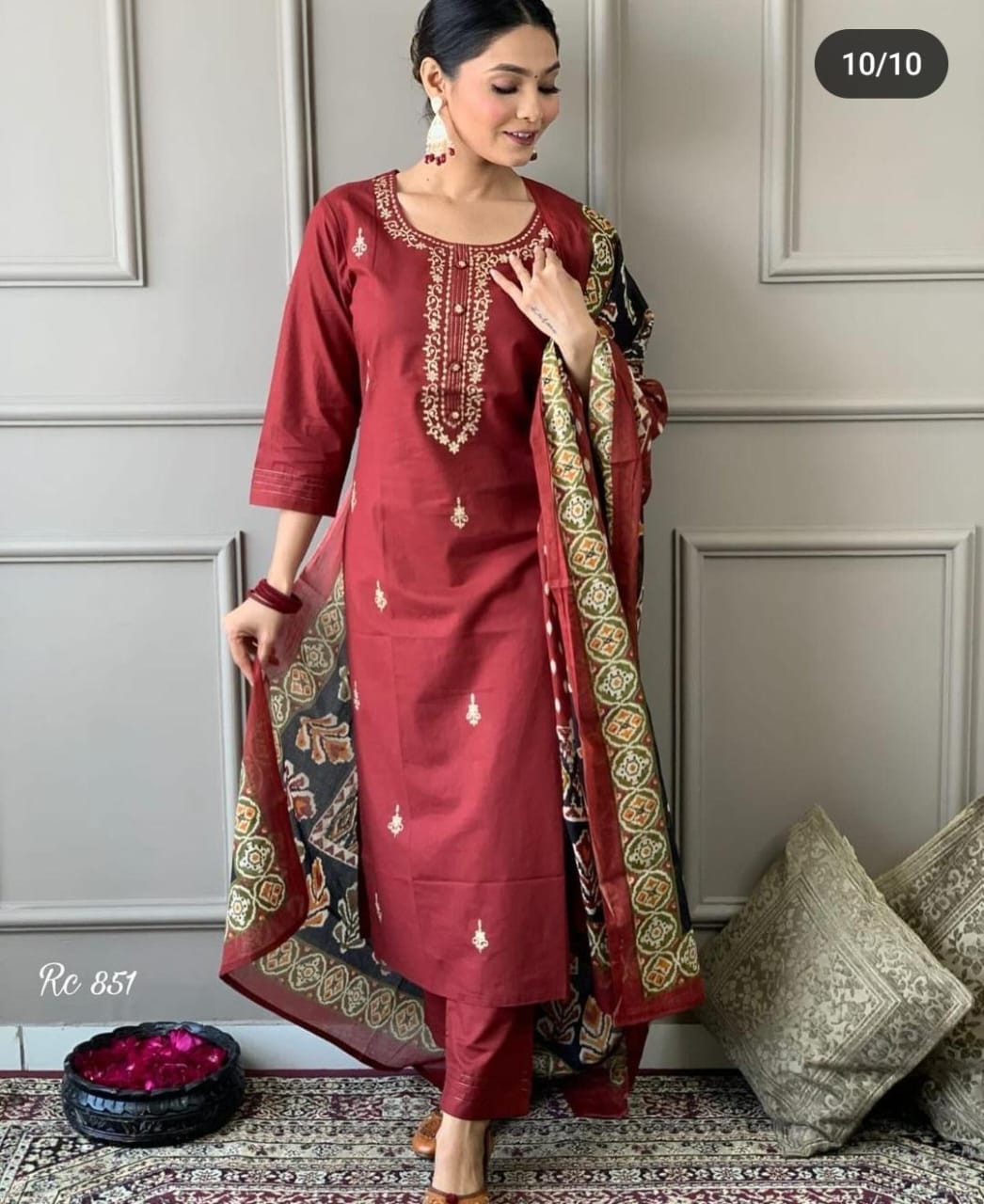 Maroon Cotton Kurti With Pant And Mulmul Dupatta