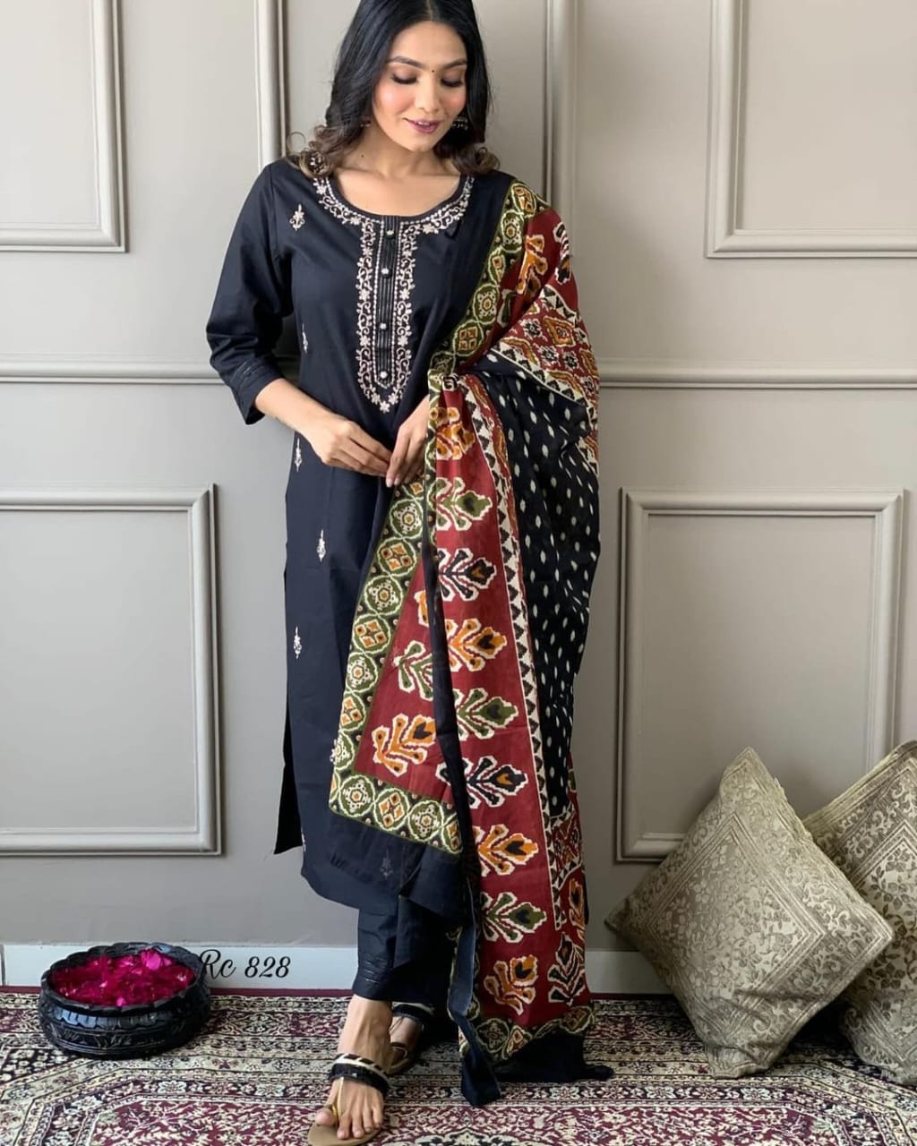 Black Cotton Kurti With Pant And Mulmul Dupatta