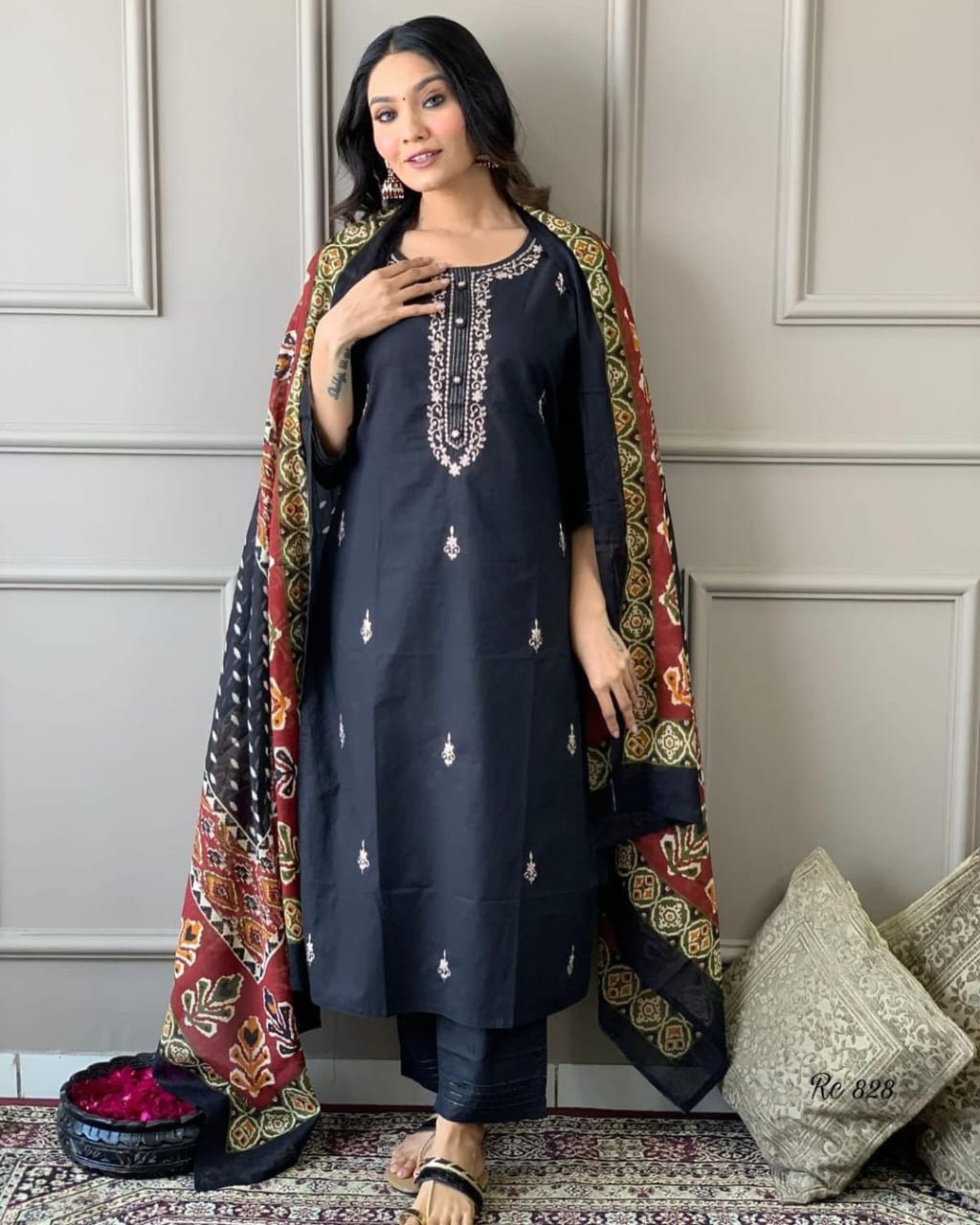 Black Cotton Kurti With Pant And Mulmul Dupatta