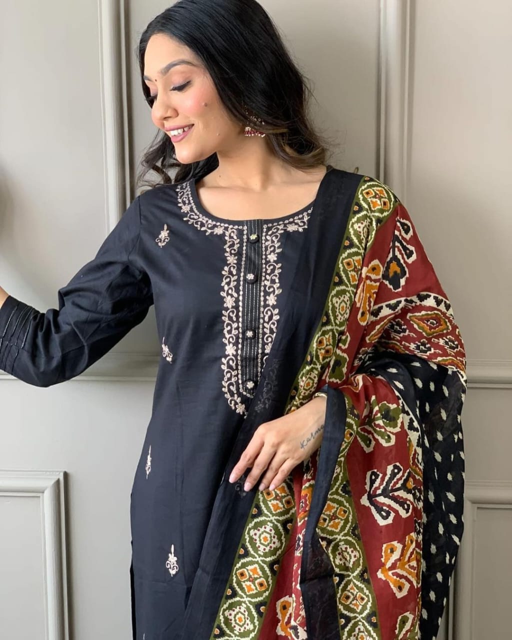 Black Cotton Kurti With Pant And Mulmul Dupatta