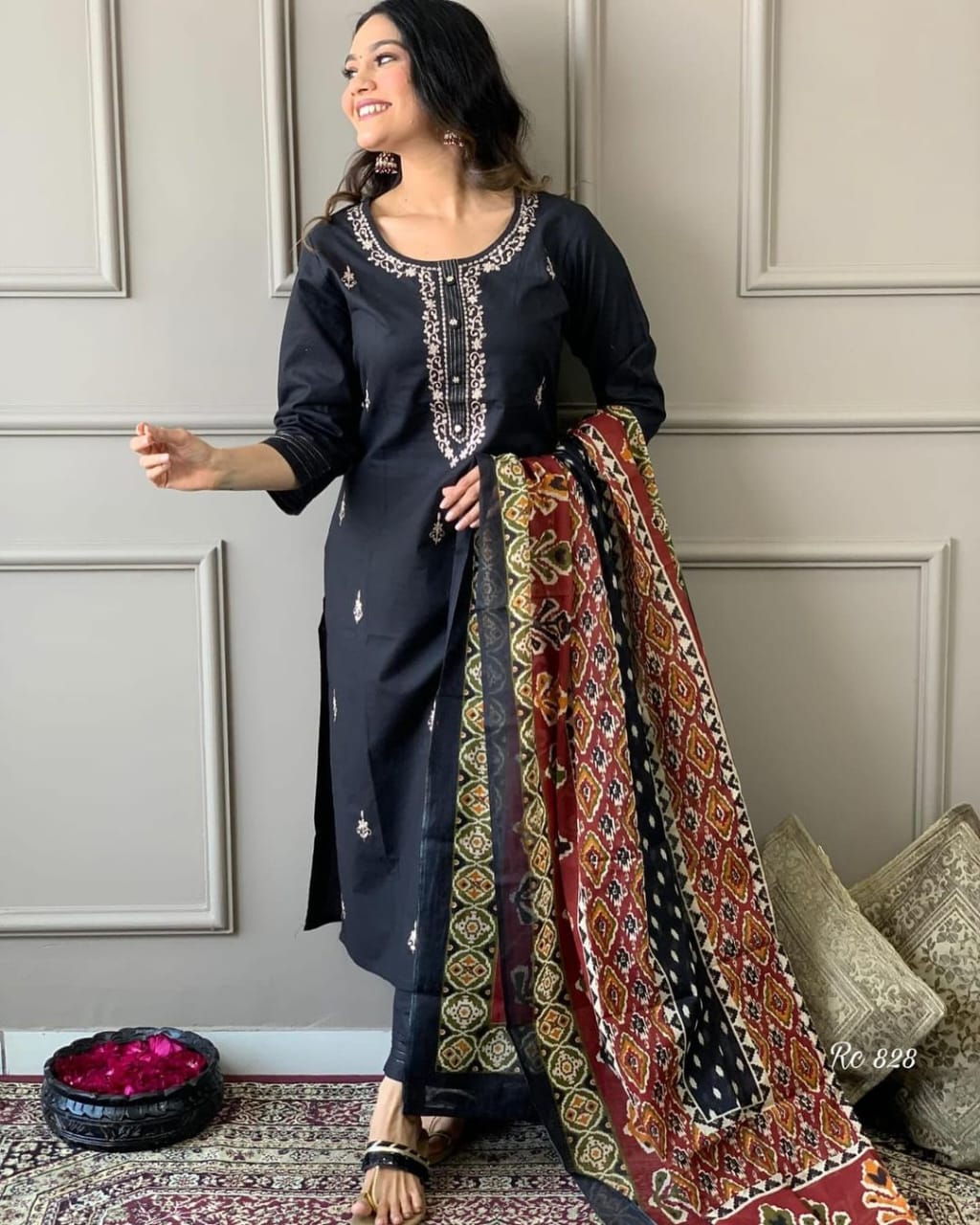 Black Cotton Kurti With Pant And Mulmul Dupatta