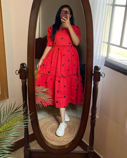 Beautifu Printed Love Red Color Cotton Gown