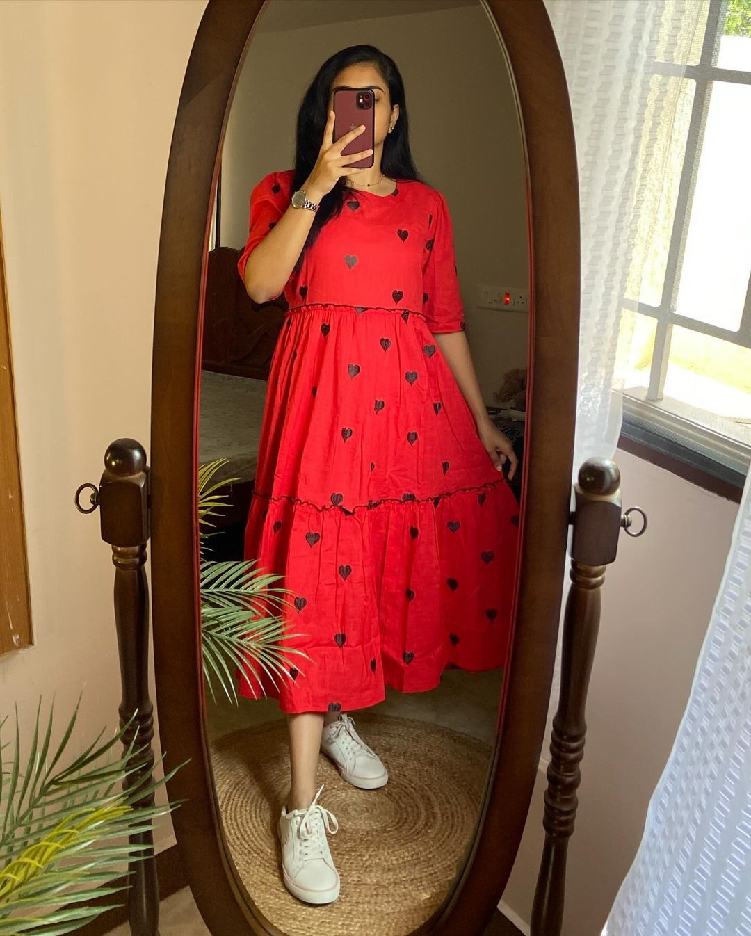 Beautifu Printed Love Red Color Cotton Gown